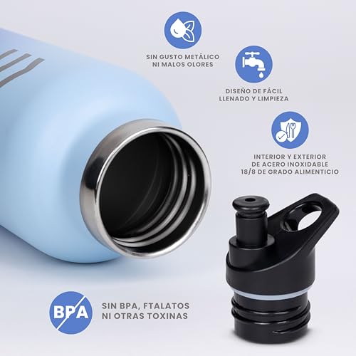 Miniatura 4 de Botella Agua Acero Inoxidable Azul - Huiike Botella Termica 750ml Con 3 Tapones, Termo Agua Fria 24 Horas Y Caliente 12 Horas Cantimplora Termica Sin Bpa Water Bottle Pajita, Reutilizable Gimnasio