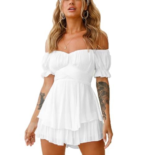 Fancy Uyee Women's Boho Romper Off Shoulder Ruffle Chiffon Shorts Jumpsuit Playsuits (White,S)