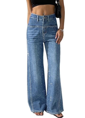 heipeiwa Womens Rhinestone Jeans Wide Leg Flare Denim Pants High Waist Sparkle Shiny Sequin Glitter Trouser Lightblue