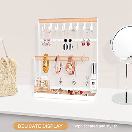 Luoov Jewellery Stand Holder, 4-Tier Hanging Wooden Ring Earring Tray With 8 Hooks Necklaces Storage And 12 Earring Holes Hanging Jewelry Organizer For Bracelets Watches Earrings Necklaces (White) #TOP1