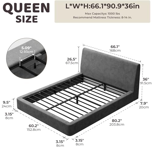 Image of RECCI AirFrame Queen Bed Frame with Ergonomic Angled Foam Cushioned Headboard, Minimalist Design Platform Bed Frame, No Box Spring Needed, Easy Assembly (Moon Grey)