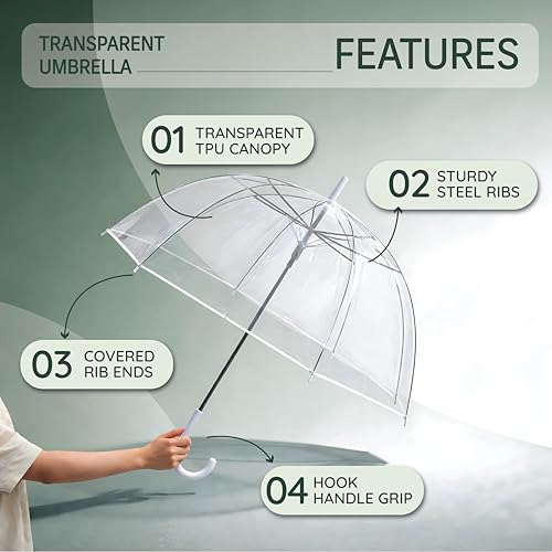 Image of Robustt Transparent Big Size Umbrella for Rain | 8 Windproof Ribs | Portable with Hook Handle | Clear View Transparent Canopy for Unobstructed View in Rain