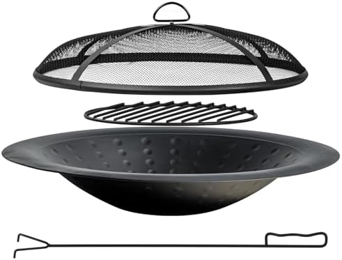 OutVue 35 inch Steel Fire Bowl for DIY or Replacement Existing Fire Pits, Wood Burning Fire Pit Bowl with Spark Screen &Fire Poker, Fireplace for Backyard, Porch, Deck, Camping, BBQ (Circle Dot)