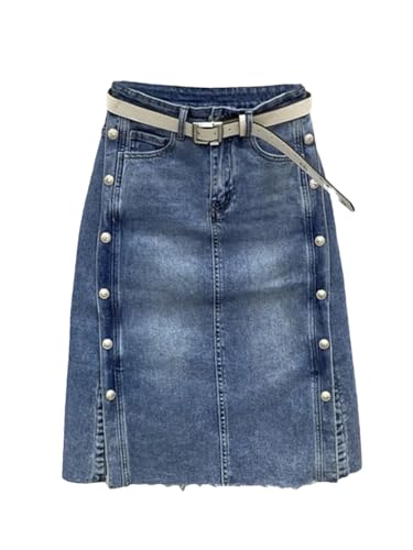 Hndudnff Falda vaquera para mujer, cintura alta, lateral, doble botonadura, empalme, delgada, azul, azul claro, 52