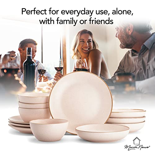 Riverside Collection By Maison Neuve 12-Piece Dinnerware Set Service For 4 - Hand Crafted Bowls And Plates Set, Stoneware Dinnerware Set, Microwave & Dishwasher Safe Plate Set - Rosewater Pink #TOP6