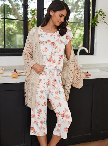 Image of Ekouaer Women's Capri Pajama Set Short Sleeve Mumu Pjs Pleated Top Capri Pants with Pockets Sleepwear Lounge Set