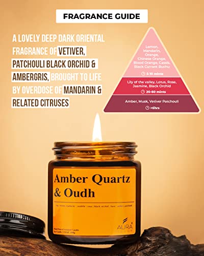 Image of AuraDecor Scented Jar Candle | Handpoured Soy Wax Candle with Long Lasting Burn Time | Premium Amber Jar Aromatherapy Candle | Ideal Gift for Home & Decor (Large, Amber Quartz & Oudh)
