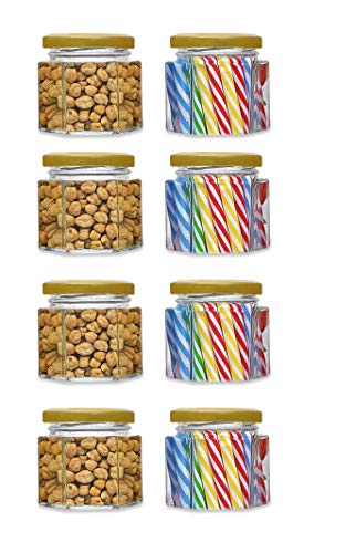 Image of CROCO JAR Hexagon Glass Jar Set of 8 (100 ml) | Airtight Gold Lid Mini Glass Storage Jars for Spices Mouth Freshener & Condiments