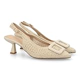 shoes&blues.es 102550 Zapato Destalonado de Mujer con Diseno Elegante, Acabado con Textura Trenzada, Detalle Decorativo Frontal, Tacon Medio, Plantilla Acolchada Muy Comoda. Beige Talla 37