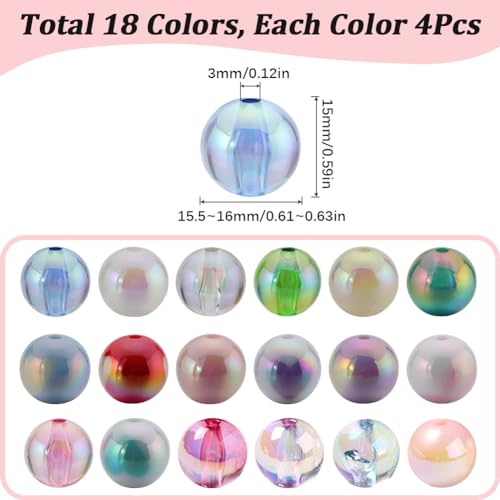 SUNNYCLUE 72Pcs Bubblegum Beads Bulk 16mm Round Beads Chunky Bead Colorful Transparent AB Color Iridescent Beadable Pen Beads Opaque Rainbow Bead Garland Loose Beads for Jewellery Making Beading Kits - Image 2