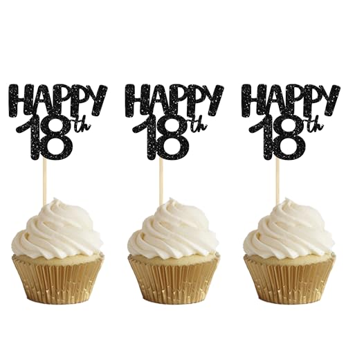 Gyufise 24Pcs Happy 18th Cupcake Toppers Black 18th Birthday Cupcake Picks Decorations for 18th Birthday Celebrating Anniversary Party Cake Decorations Supplies