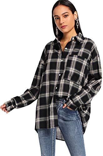 SweatyRocks Women's Long Sleeve Collar Plaid Long Button Down Shirt Blouse Tops Black Large