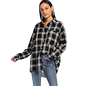 SweatyRocks-Womens-Long-Sleeve-Collar-Long-Button-Down-Plaid-Shirt-Blouse-Tops SweatyRocks Women's Long Sleeve Collar Plaid Long Button Down Shirt Blouse Tops Black Large