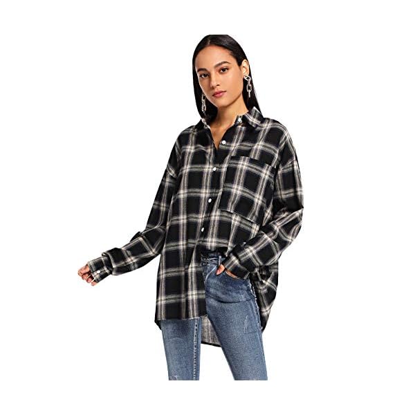 SweatyRocks-Womens-Long-Sleeve-Collar-Long-Button-Down-Plaid-Shirt-Blouse-Tops SweatyRocks Women's Long Sleeve Collar Plaid Long Button Down Shirt Blouse Tops Black Large
