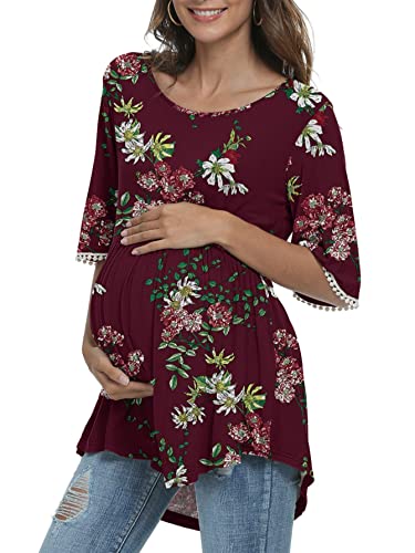 Xpenyo Maternity Blouse Tops Round Neck Lace Bell Sleeve Floral Maternity T Shirt Pregnancy Shirts Wine Red Floral Size S #TOP1