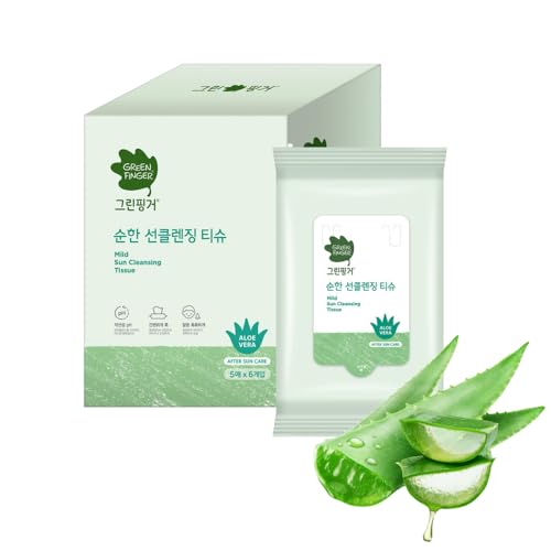 GREEN FINGER Mild Sun Cleansing Tissue 30 Count (6 Packs of 5), Gentle Baby Wipes for Sensitive Skin, Removes Sunscreen Easily, Natural Organic Makeup Remover Wipes with Aloe Vera, Korean Skincare
