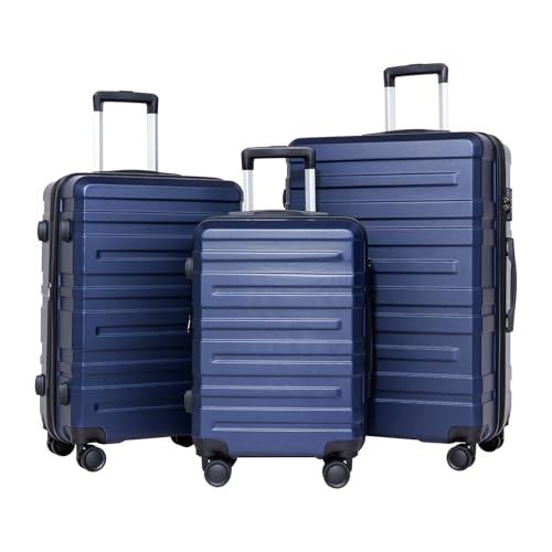 Travel with 3-Piece Luggage Set, Durable Hardshell Suitcases with Wheels, TSA Lock, Blue