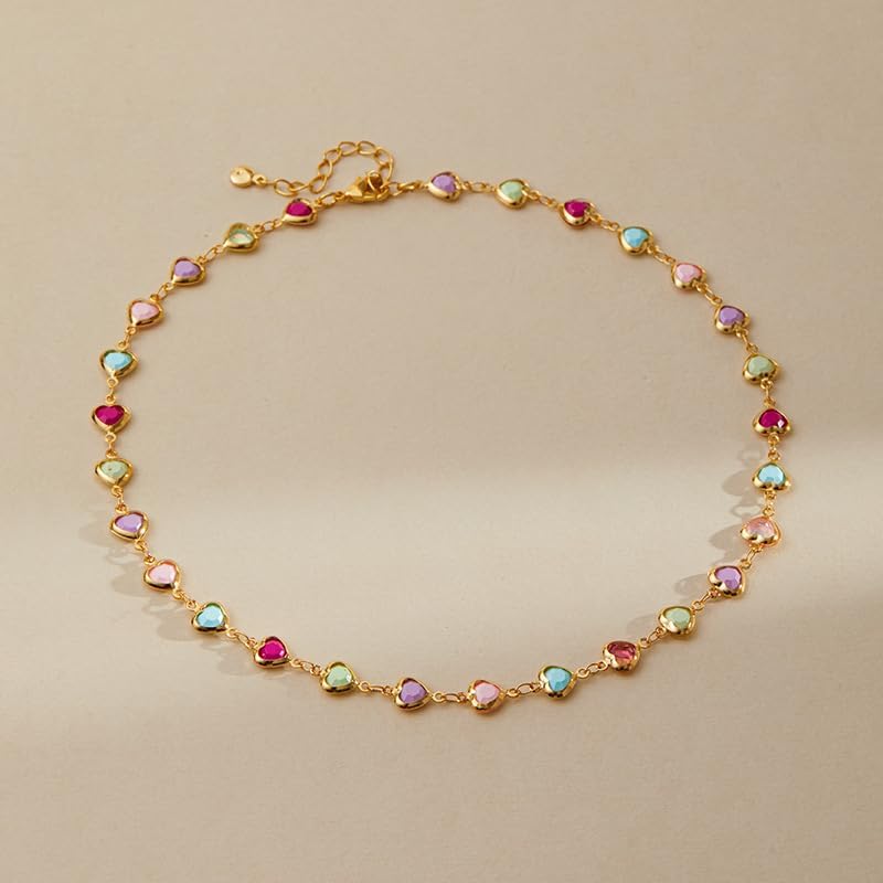 Dainty Colorful Rhinestone Hearts Beaded Choker Necklace for Women Trendy Multicolor Love Sparkly Crystal Rainbow Gemstone Chain Necklaces Sweet Party Prom Neck Jewelry Statement Summer Beach Vacation - Image 5