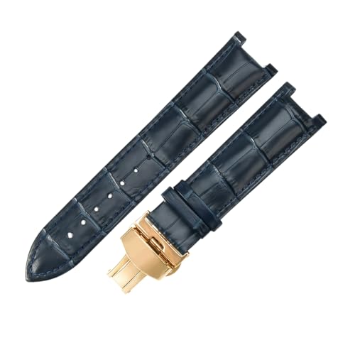 Image of ROUREOX Replacement Watch Strap in Crocodile Pattern Leather 22x13mm Stainless Steel Folding Clasp Classic Dress Watch Band for Gucci G-Timeless YA1332-Blue + Gold