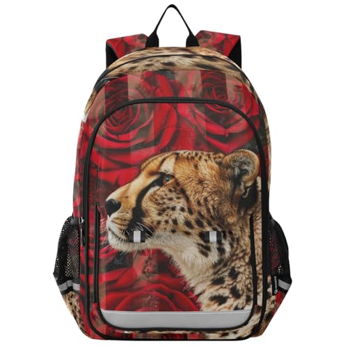 Backpack Leopard Front Roses Red Travel Laptop Daypack Shoulder Bag Book Bag Daypack with Reflective Strip 12.9 ×17.7 In