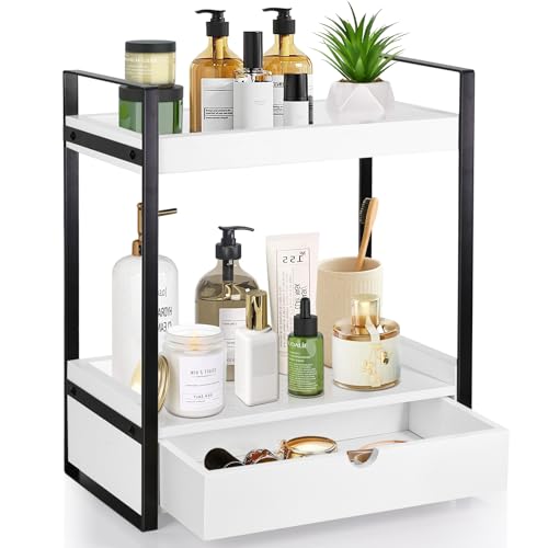 2-Tier Bathroom Organizer Countertop with Drawer, Wood Counter Shelf for Bathroom Storage, Vanity Tray for Bathroom Organization and Decor, Countertop Organizer for Bathroom, Kitchen, Office (White)