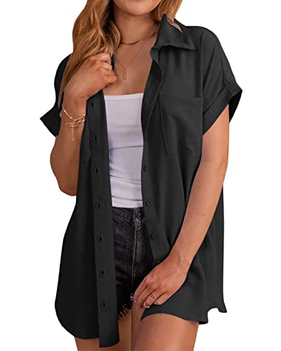 MaQiYa Womens Short Sleeve Button Down Shirts Casual Loose Fit Summer Shirt Blouses Tops with Pockets