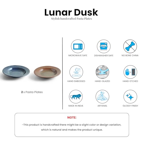 Image of ExclusiveLane 'Lunar Dusk' Ceramic Pasta Bowls /Plates for Serving (Set of 2, 410 ML, Microwave Safe, Hand-Embossed) | Snack Serving Plate for Kitchen Serving Plate for Snacks