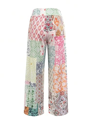 QJQ Women's Patchwork Boho Pants High Waisted Wide Leg Pants Graphic Colorblock Pant3