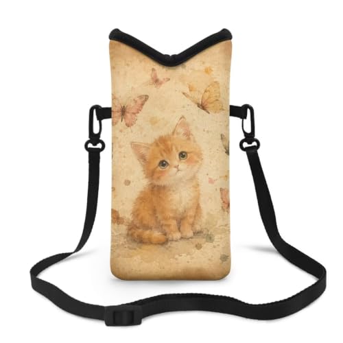 Image of Neoprene Crossbody Phone Pouch Small Shoulder Bag Lightweight Travel Bag With Removable Adjustable Strap for Phone, Keys, Lipstick, Power Bank 8 x 4 inch, Retro Cat Butterfly