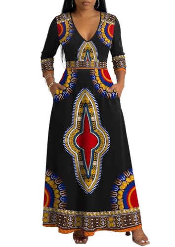 FANDEE Women's Dresses Church Loose Fit V Neck Dress with 3/4 Sleeve and Belt Design Casual Long Dress Tribal Black