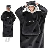 Mewaii Wearable Blanket Hoodie for Adults, Cozy Black Cat Sherpa & Flannel Hooded Blanket with Giant Pocket, Oversized Extra-Long Knee-Length Sweatshirt for Lounging, Outdoor Walks, Gifts for Women