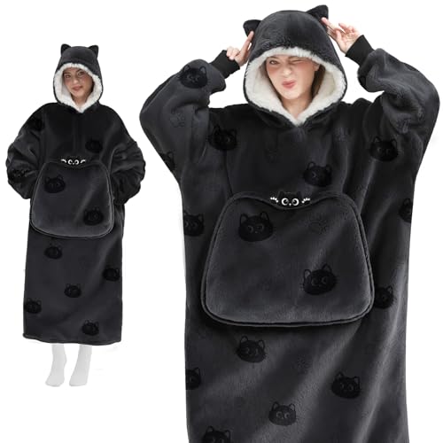 Mewaii Wearable Blanket Hoodie for Adults, Cozy Black Cat Sherpa & Flannel Hooded Blanket with Giant Pocket, Oversized Extra-Long Knee-Length Sweatshirt for Lounging, Outdoor Walks, Gifts for Women