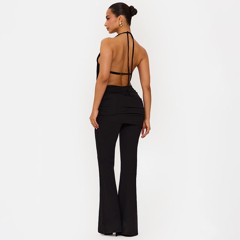 Womens 2 Piece Outfit Halter Neck Sleeveless Top and Flare Long Pant Sexy Backless Y2K Set Party Club Outfits - Image 5
