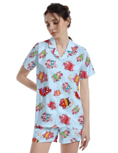 Image of Funny Pajamas for Women Set Print Satin Loungewear Pjs Short Sleeve Button Down Top and Shorts Sets Sleepwear XS-3XL