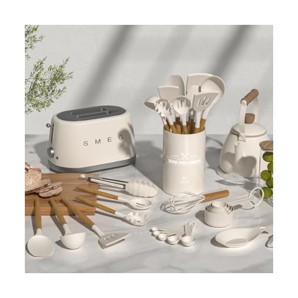 Umite Chef Kitchen Cooking Utensils Set, 33 pcs Non-Stick Silicone Cooking Kitchen Utensils Spatula Set with Holder, Wood Deal with Silicone Kitchen Devices Utensil Set (Khaki) - Image 3