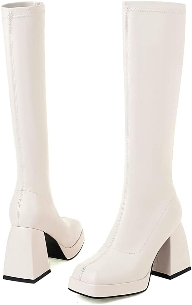 Platform Knee High Boots for Women High Chunky Heel Gogo Boots with Square Toe Rounded Toe Punk Combat Boots
