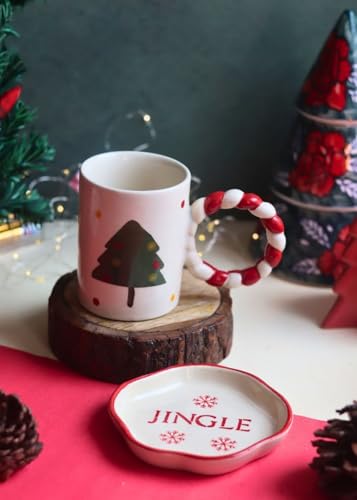 Image of WEAVING HOMES Handcrafted Ceramic Red Christmas Tree Mug & Jingle Dessert Plate Gift to Best Friend and Love Microwave Safe /Dishwasher Safe (Set of 2)