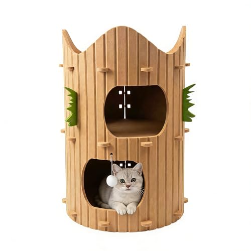 2-Tier Felt Cat House Thickened Felt Cat Cave House with Hanging Toy Ball Enclosed Sleeping Nest for Cats Indoor Pet Rest & Play Hut (Brown)
