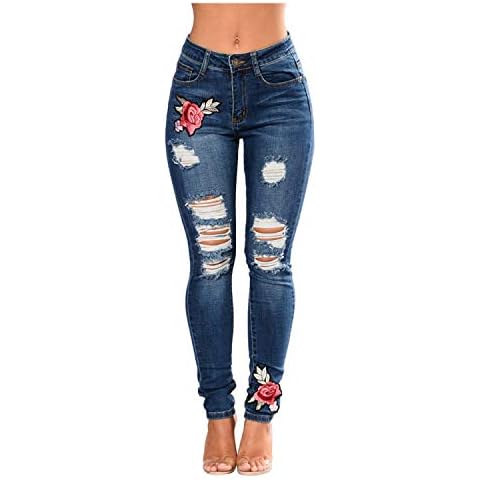 ANBIWANGLUO Womens Denim Skinny Ripped Slim Jeans, Embroidered Flower Small Feet Elastic Trousers Size S-XXXL Dark Blue UK 14 (tag Size XXXL) Cover