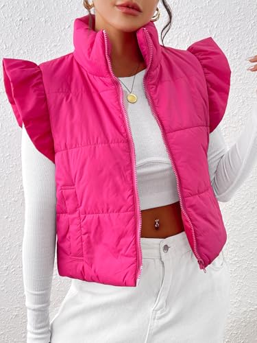 Ruffle Sleeve Cropped Puffer Vest Zip Up Sleeveless Padded Outwear Warm Stand Collar Coats Cutecore Aesthetic Clothes4