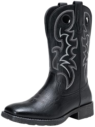 Image of Jousen Cowboy Boots for Men, Retro Square Toe Western Boots with Embroidery, Durable Slip-Resistant Pull-On Boot with Holes (AMY8424-black-10.5)