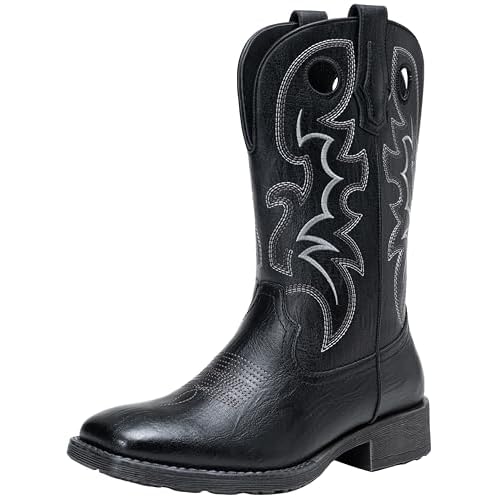 Jousen Cowboy Boots for Men, Retro Square Toe Western Boots with Embroidery, Durable Slip-Resistant Pull-On Boot with Holes