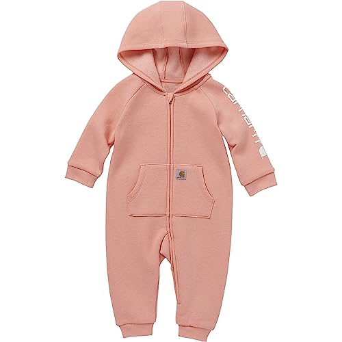 Image of Carhartt Baby Girls Long-sleeve Fleece Zip-front Hooded Coverall Infant-and-toddler-rompers, Bittersweet Red Heather, 12M US