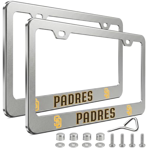 2 Packs for Padres License Plate Frames-Aluminum Alloy Silver-12.3 X 6.3 Inches for Men Women