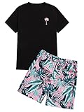 Floerns Men's Graphic Print T Shirt Drawstring Waist Shorts Set 2 Piece Outfit Black Leaf Tropical M