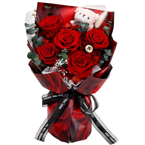 Tobilu Graduation Gifts - Preserved Flowers Bouquet 5 Real Roses Bouquet with Bear Gift Box Card for Anniversary Birthday Mothers Day for Women Wife Girlfriend Mom Her - Red