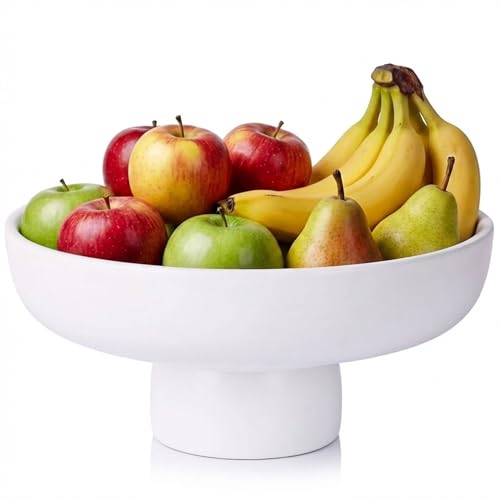 QIANLING Black Pedestal Bowl for Home Decor - Matte Black Resin Decorative Fruit Bowl for Kitchen Counter, Coffee Table or Entryway, Modern Centerpiece Bowl for Keys, Candy (White)