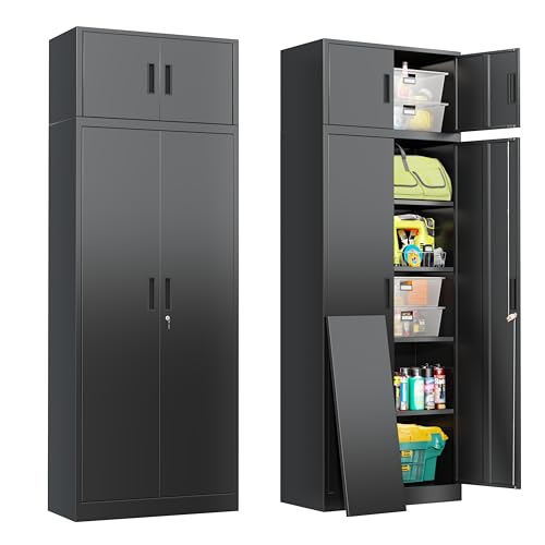 Image of Metal Storage Cabinet, 87 Inch Tall Locking Cabinet with Top Cabinet, Heavy Duty Garage Cabinet with Doors and 4 Adjustable Shelves, Pantry Cabinets for Office, Garage, Home-Black