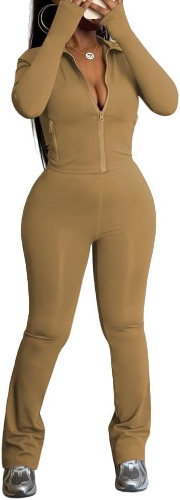 HBQ Women's 2 Piece Tracksuit Sets Long Sleeve Zip Up Crop Tops and Flare Pants Casual Workout Oufit Jogger Loungewear Set