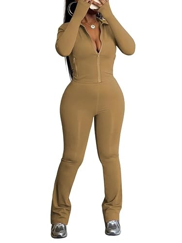 HBQ Women's 2 Piece Tracksuit Sets Long Sleeve Zip Up Crop Tops and Flare Pants Casual Workout Oufit Jogger Loungewear Set-Coffee-XL
